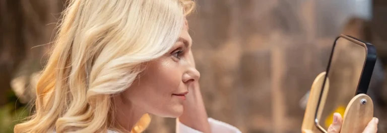 middle aged woman looking at mirror
